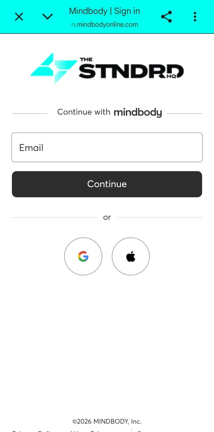 App screen: Continue with Mindbody