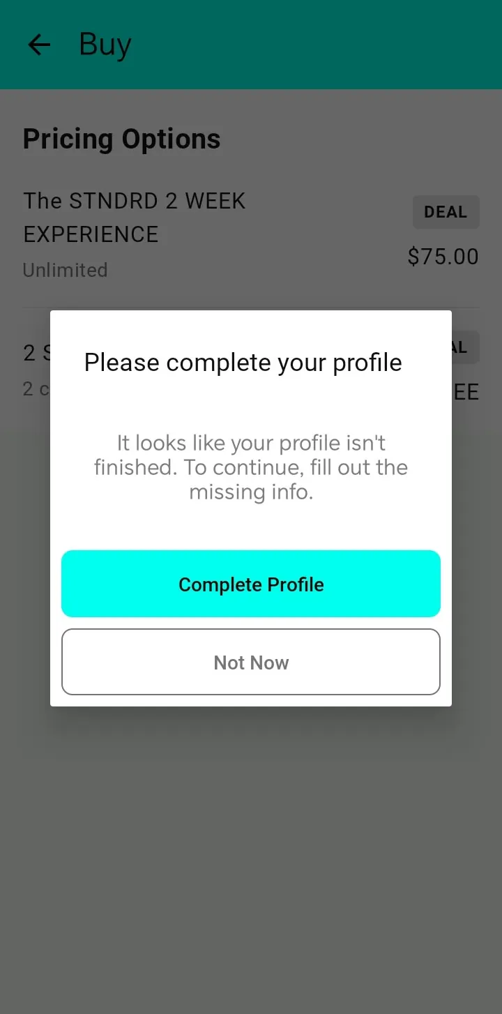 App screen: Complete your profile