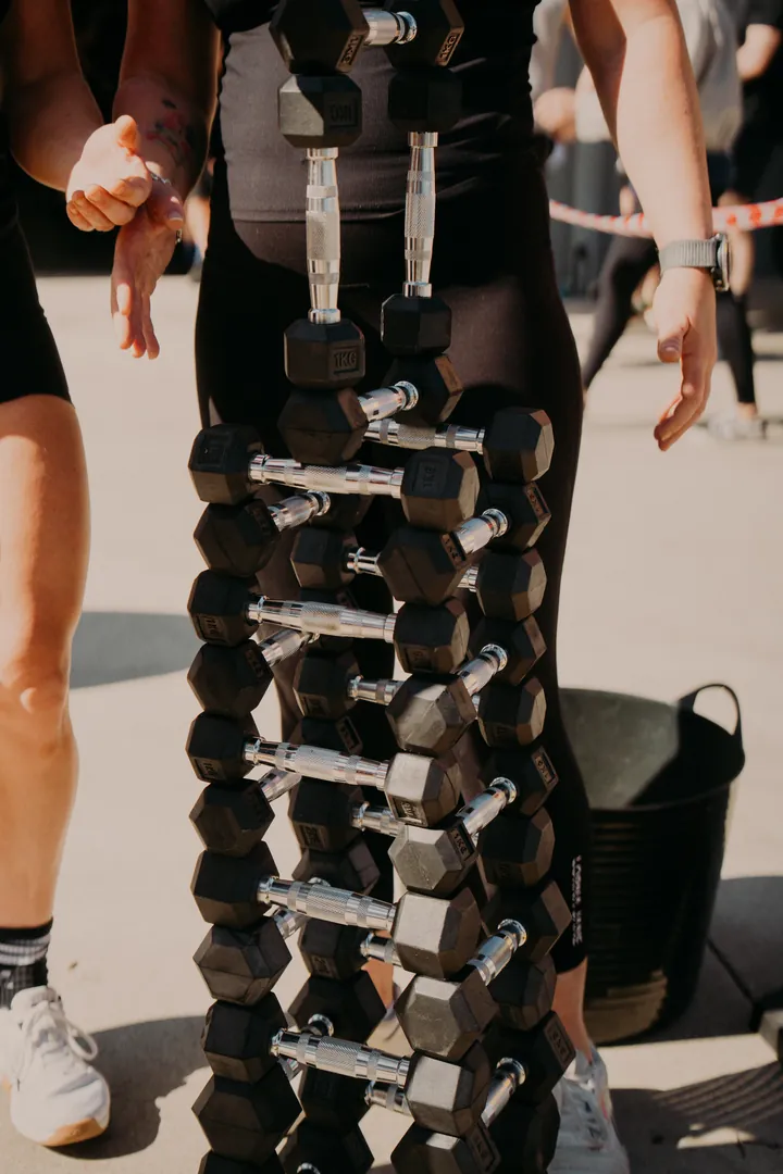A dumbbell carry up close